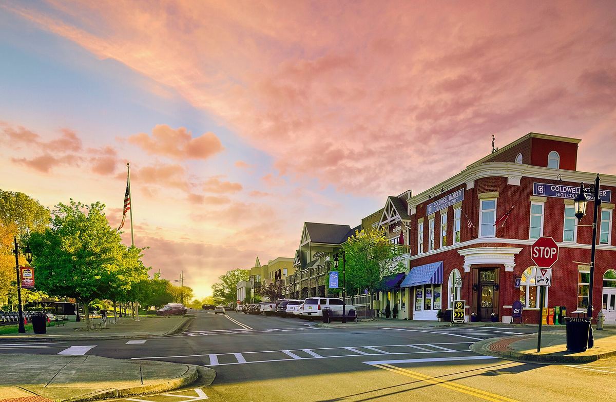 Downtown Blue Ridge, Georgia, with brick storefronts at sunset